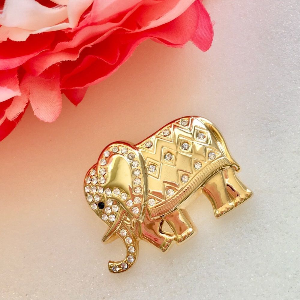 Goldtone Elephant Brooch Pin CZ Gems & Texture NWT